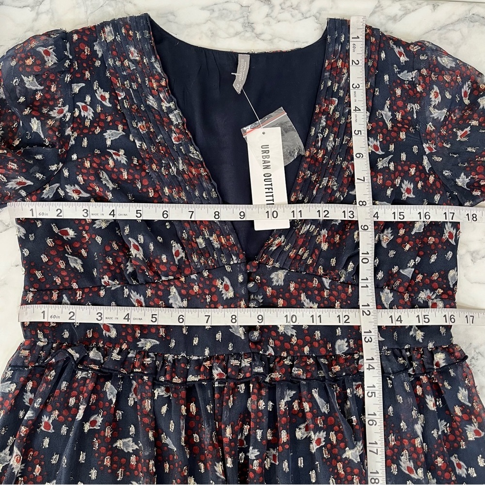 Urban Outfitters Navy Blue Metallic Puff Sleeve Mini Dress Babydoll Size XS - Picture 10 of 15